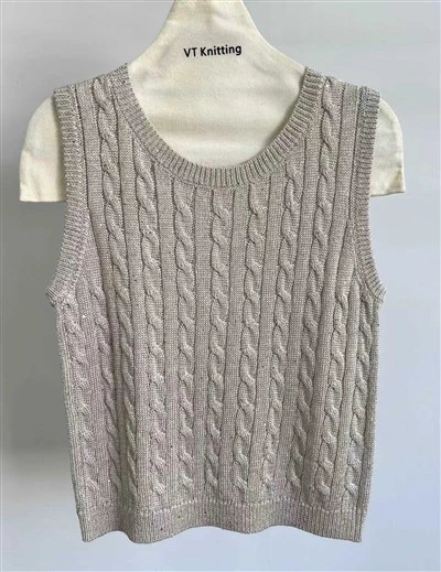 Gilet tricoté à col rond gris preppy